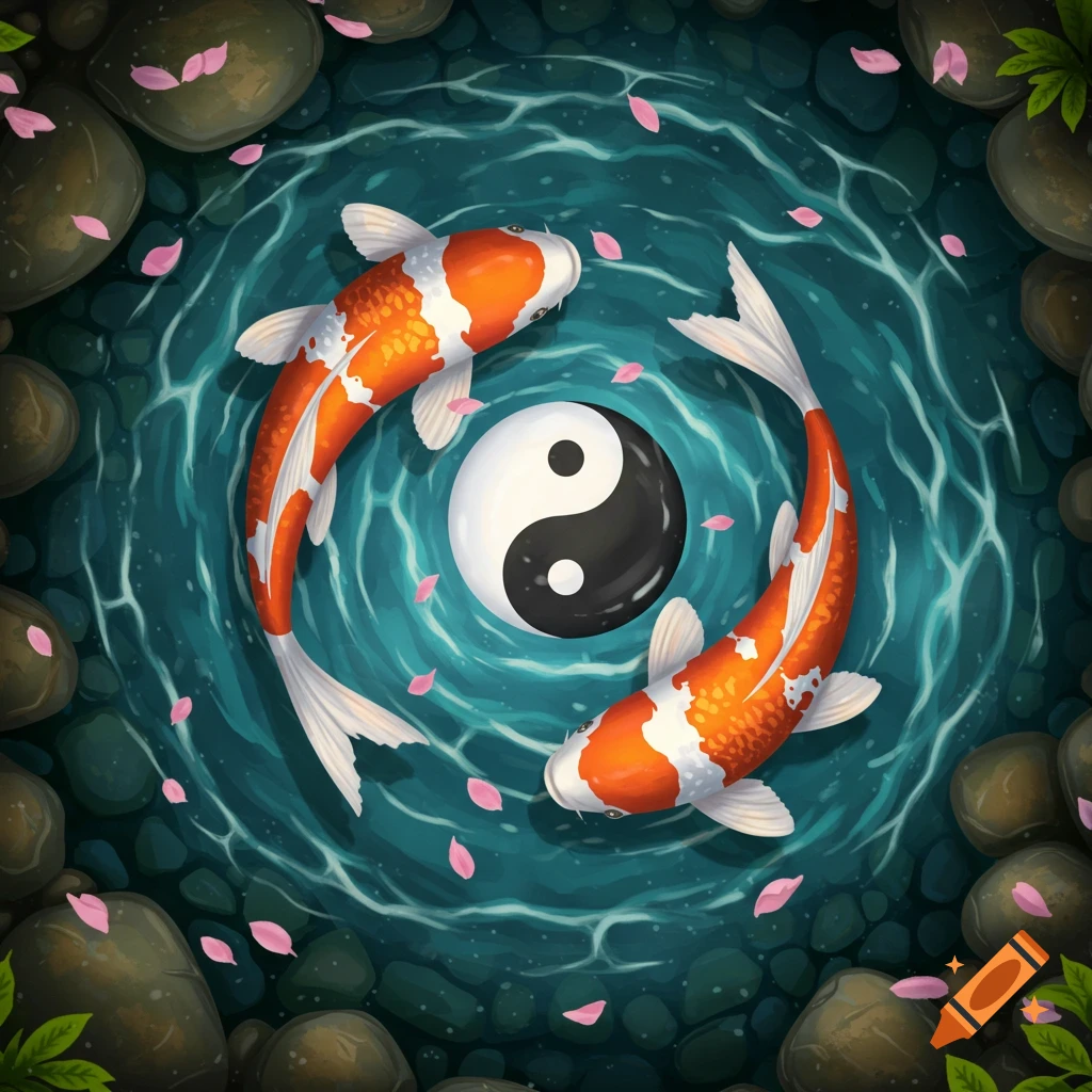 Two orange and white koi fish swim around a yin-yang symbol in a tranquil blue pond with scattered pink petals and rocks.