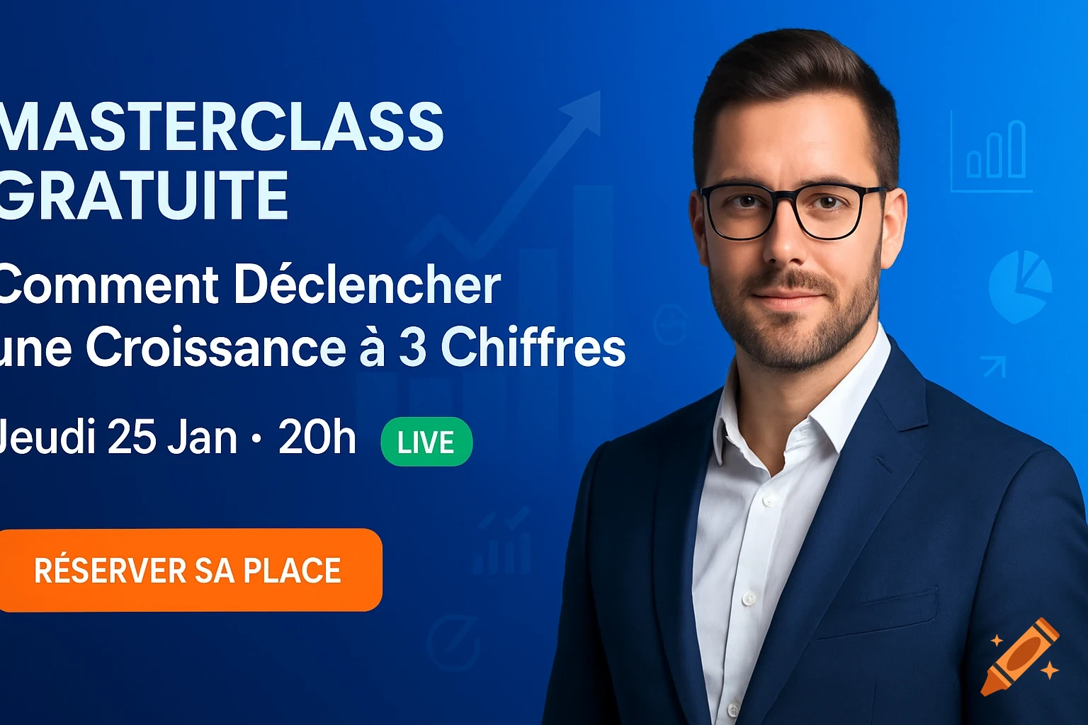 A man in a suit smiles on a blue background with business graphs, next to text for a 'MASTERCLASS GRATUITE' about business growth and a 'R SERVER SA PLACE' button.