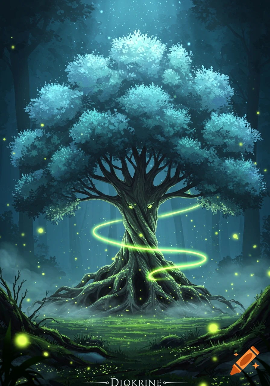 A vibrant, glowing mystical tree with green eyes and swirling green light in a dark, magical forest.