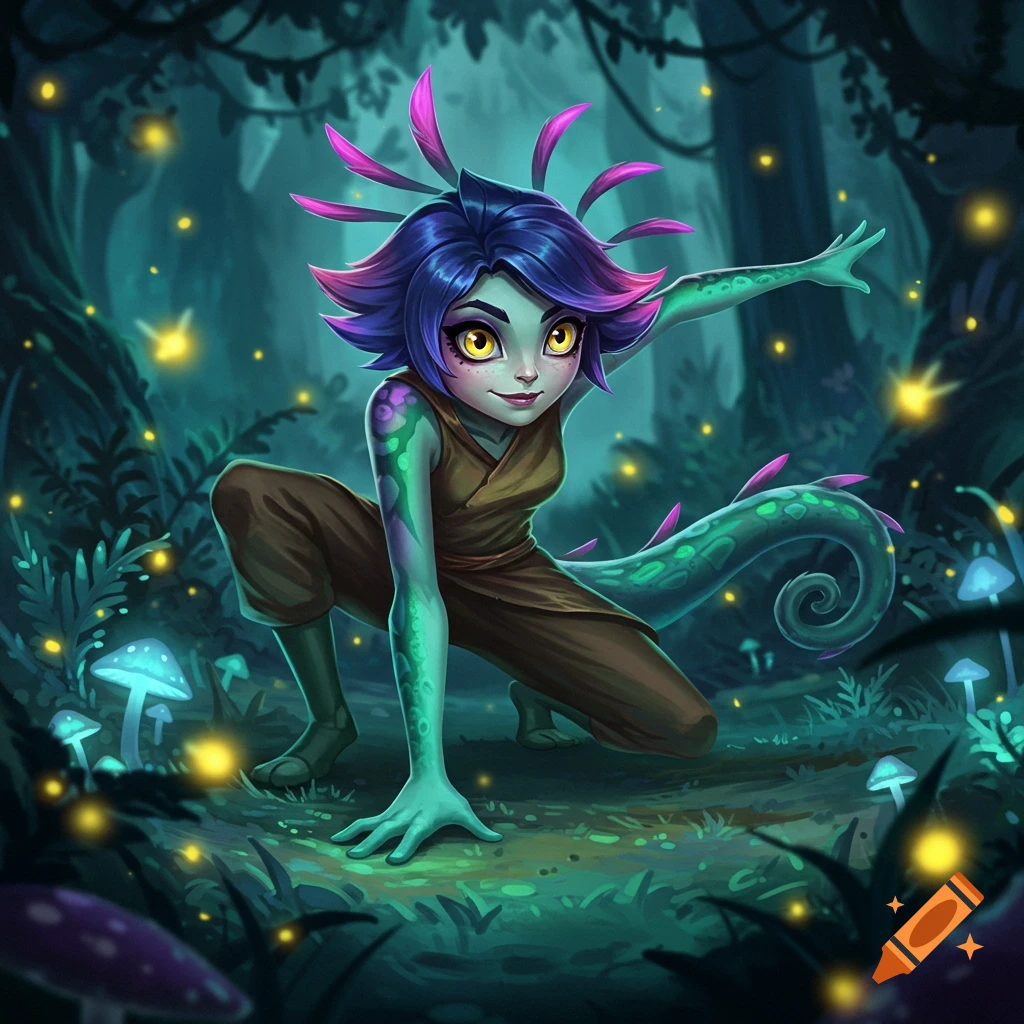 A vibrant digital illustration of a small, green-skinned fantasy creature with purple hair and a long, curly tail, crouching in a magical forest with glowing fireflies and luminous mushrooms.