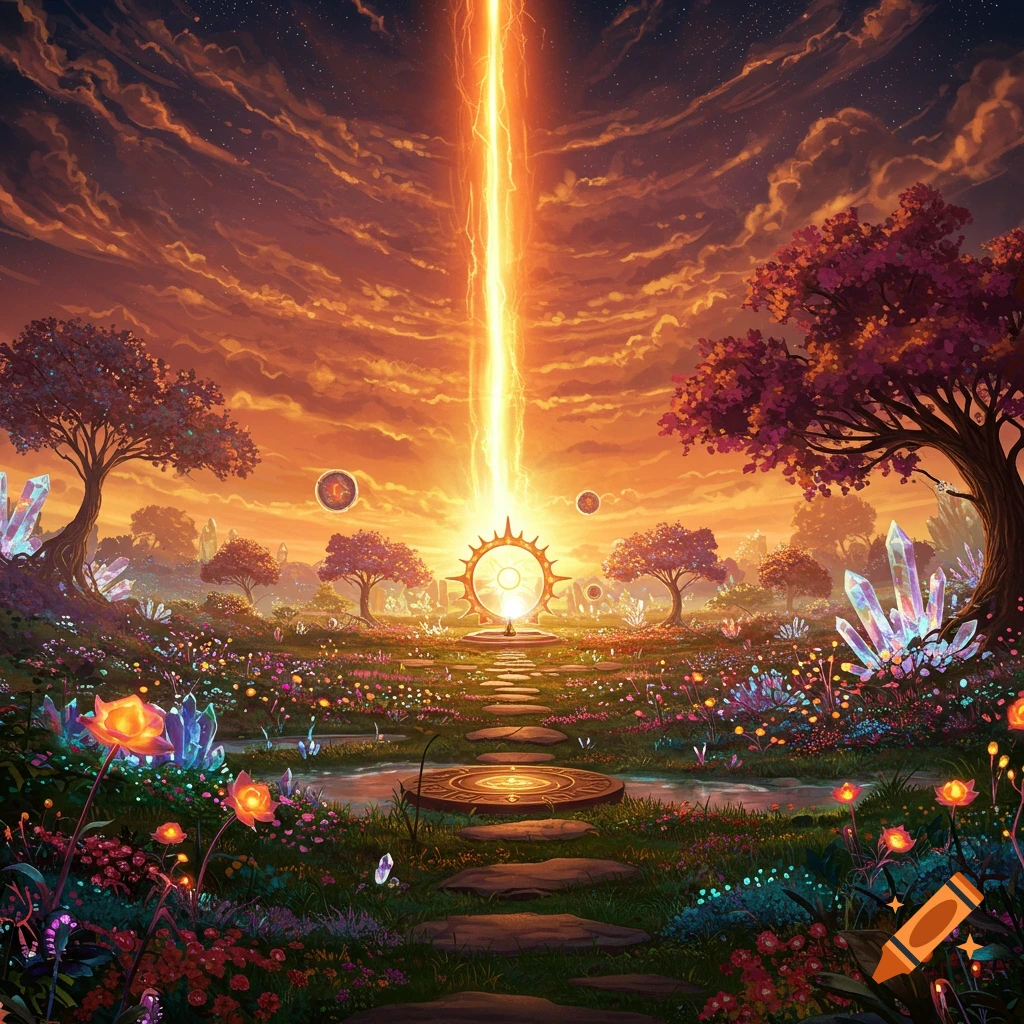 A vibrant fantasy garden with a central glowing portal emitting a powerful beam of light into a sunset sky, surrounded by colorful flowers and large crystals.