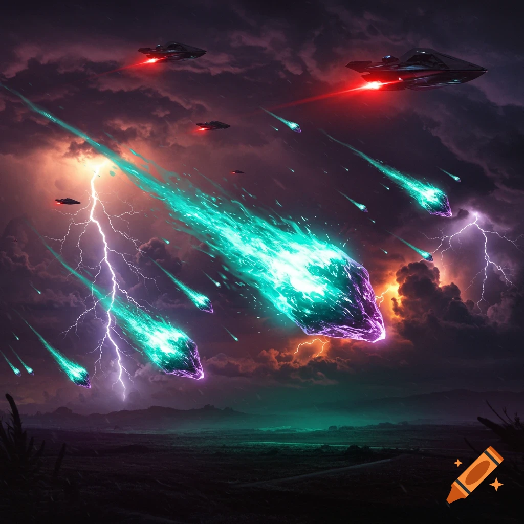 Spaceships flying through a stormy sky with lightning and large glowing meteors falling towards a landscape at night.