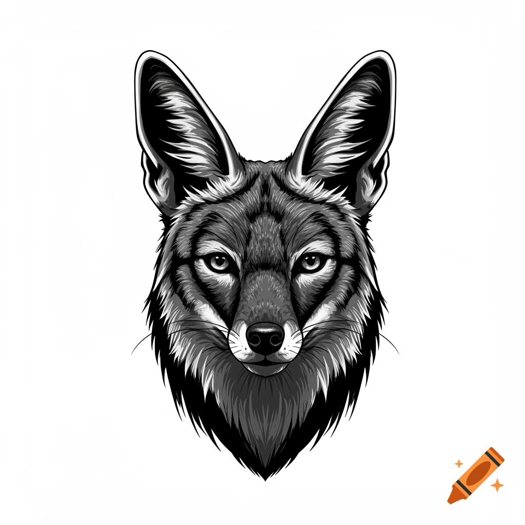 Black and white stylized outline of a jackal head facing front.