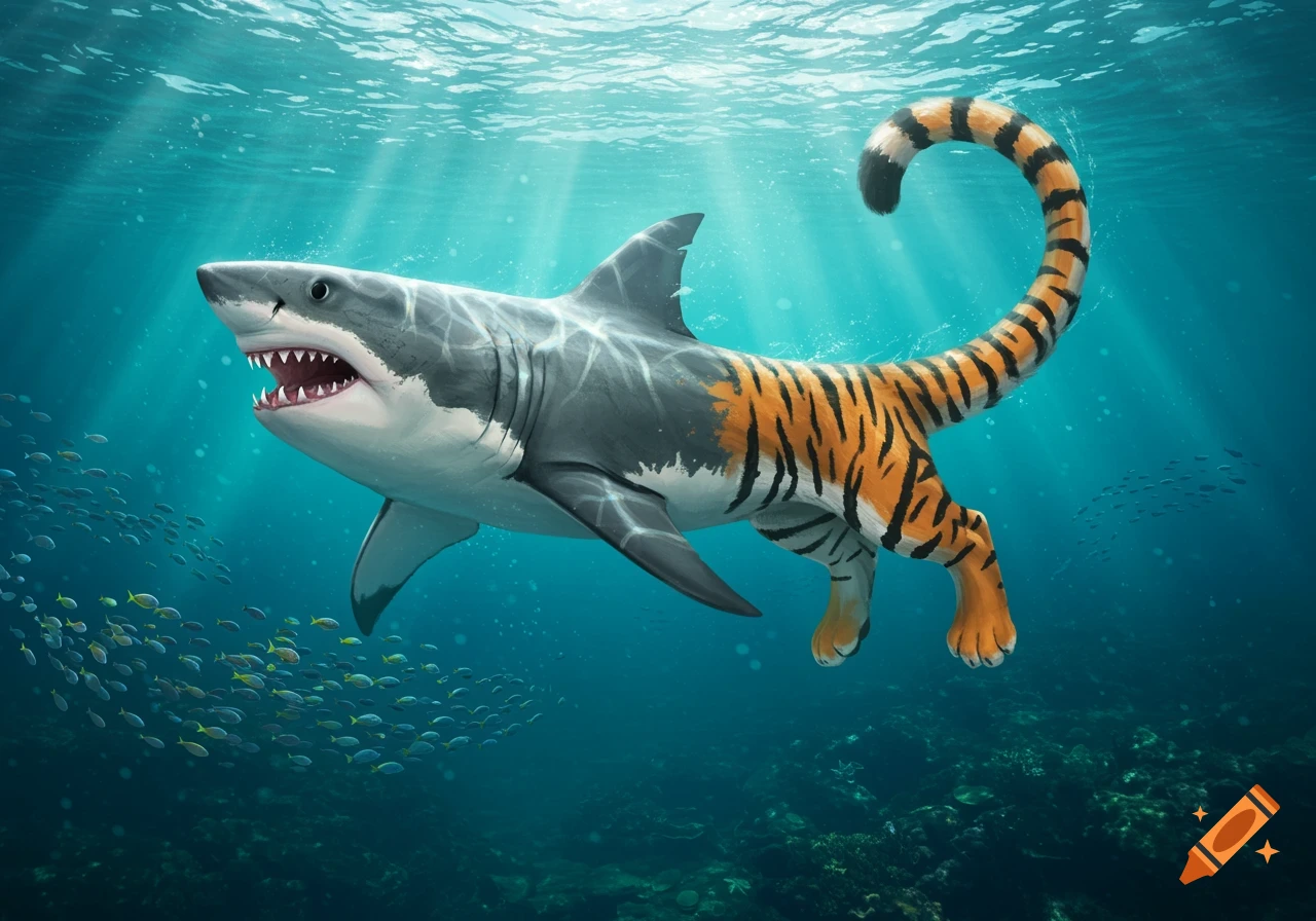 A surreal hybrid creature, part shark and part tiger, swims underwater with a school of fish.