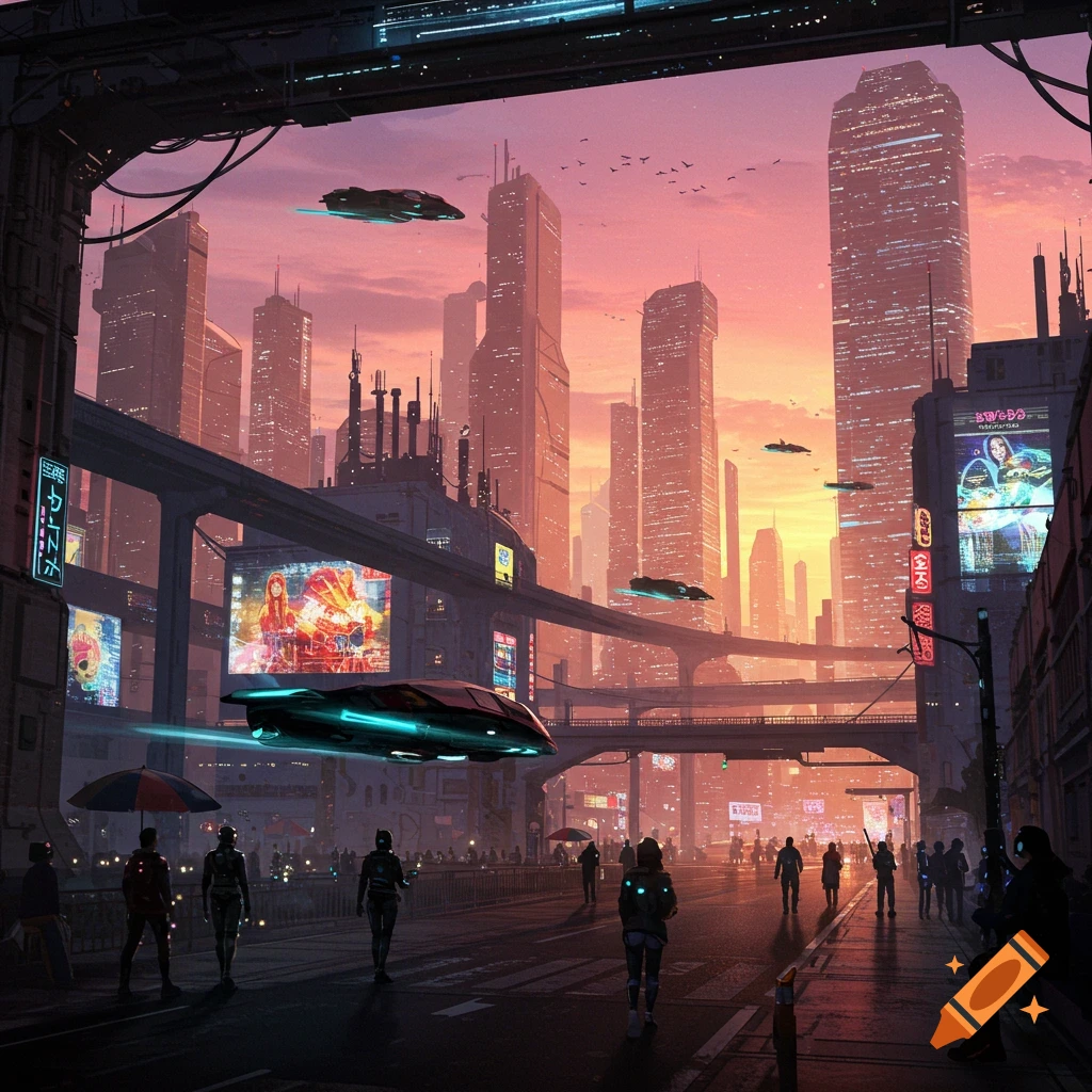 A vibrant futuristic city at sunset with towering skyscrapers, elevated roadways, glowing flying vehicles, and pedestrians on a street.