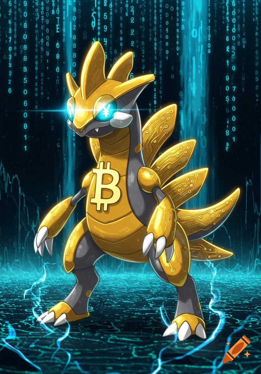 A gold and dark grey creature resembling a Pokémon, with a Bitcoin symbol on its chest and Yen symbols in its glowing blue eyes. Its back has circuit board patterns, and it stands amidst falling green digital code and blue electrical sparks.