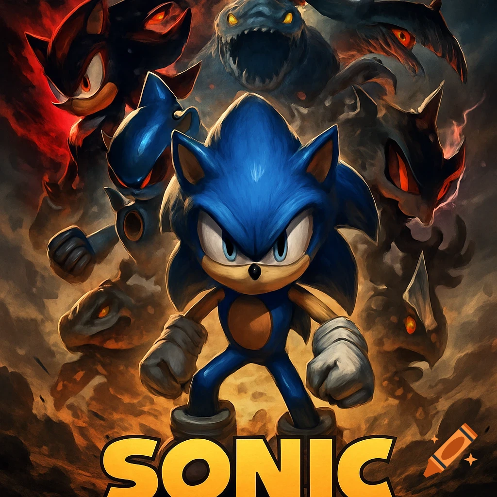 Sonic the Hedgehog stands in an epic pose surrounded by Shadow, Metal Sonic, and various monsters, with the SONIC logo at the bottom.