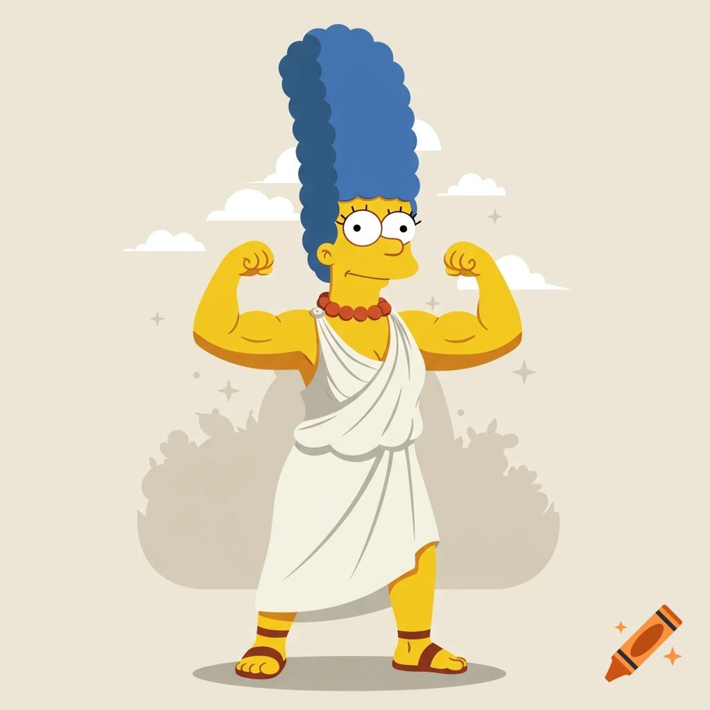 Marge Simpson from The Simpsons, with blue beehive hair, wearing a white toga and brown sandals, flexing her muscular arms in a cartoon style.
