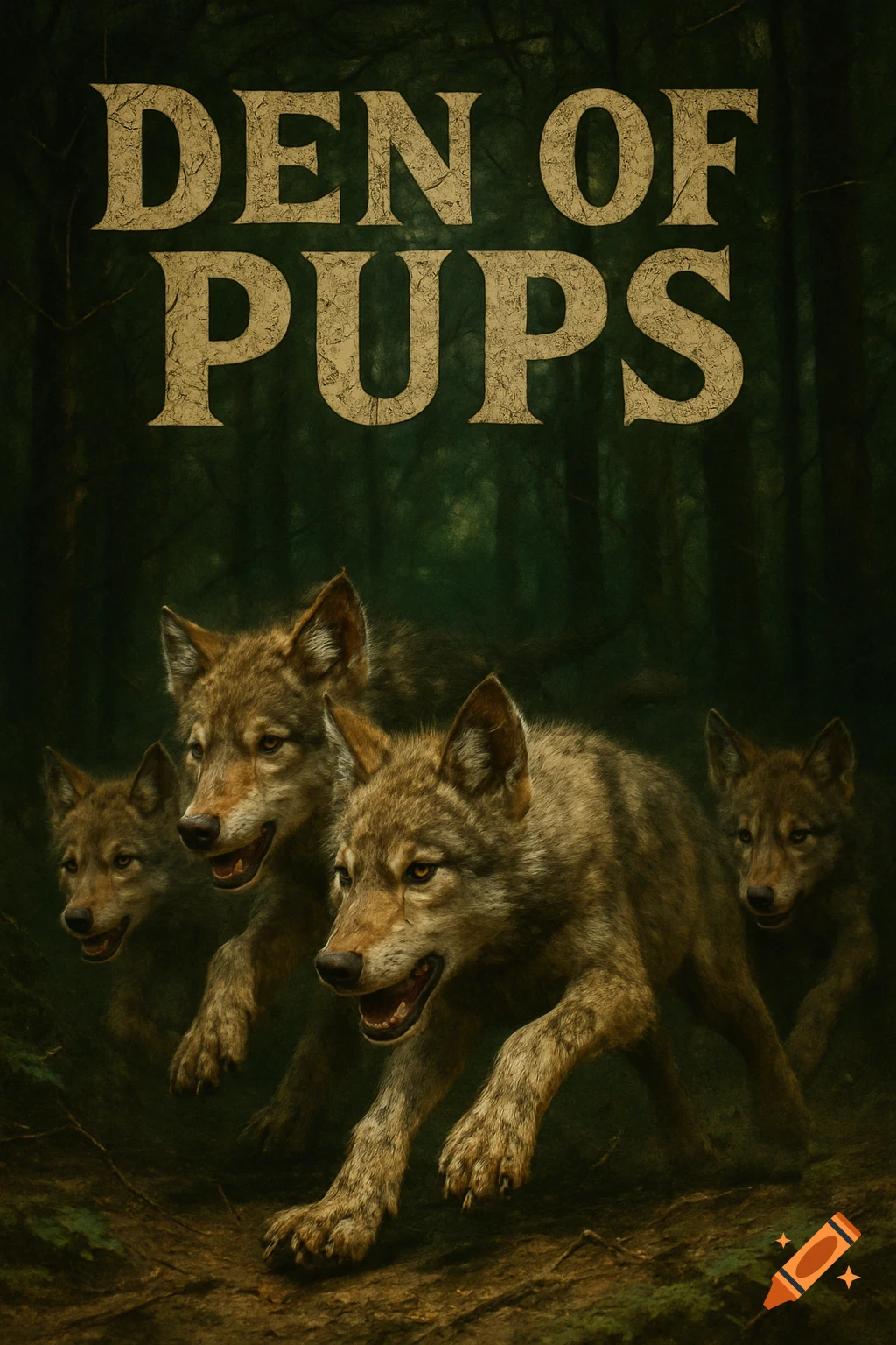 Photorealistic image of four wolf pups running aggressively through a dark forest, with "DEN OF PUPS" text at the top.