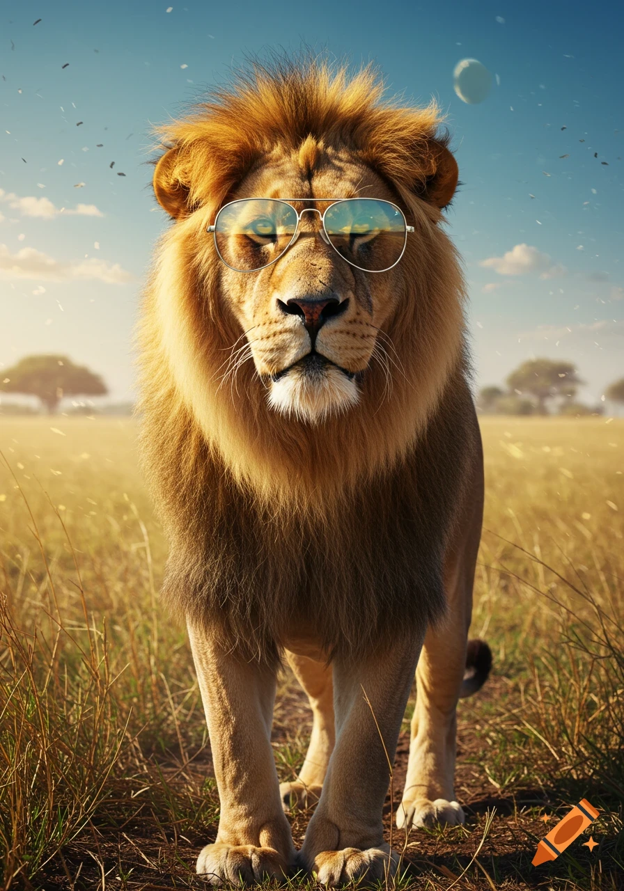 A photorealistic lion wearing aviator sunglasses stands in a sunlit grassy savanna.