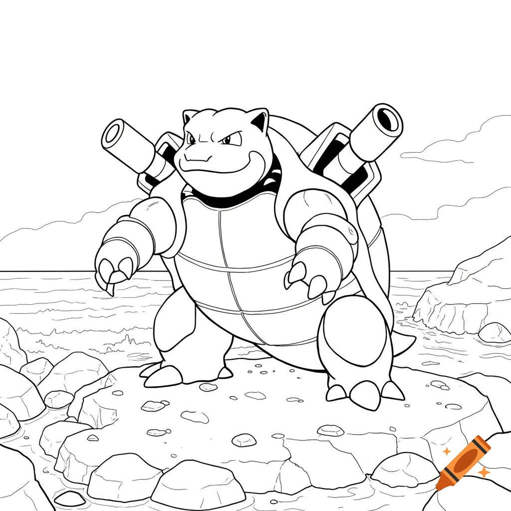 Blastoise standing on rocks in the water, line art coloring page.