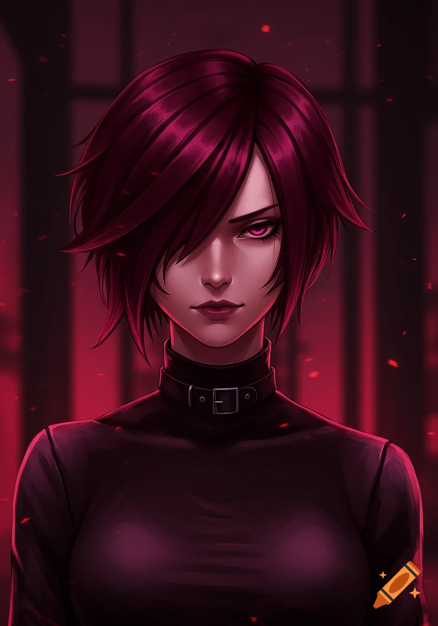 A serious-looking anime girl with short dark burgundy hair and glowing purple eyes, wearing a black turtleneck and collar, against a red background.