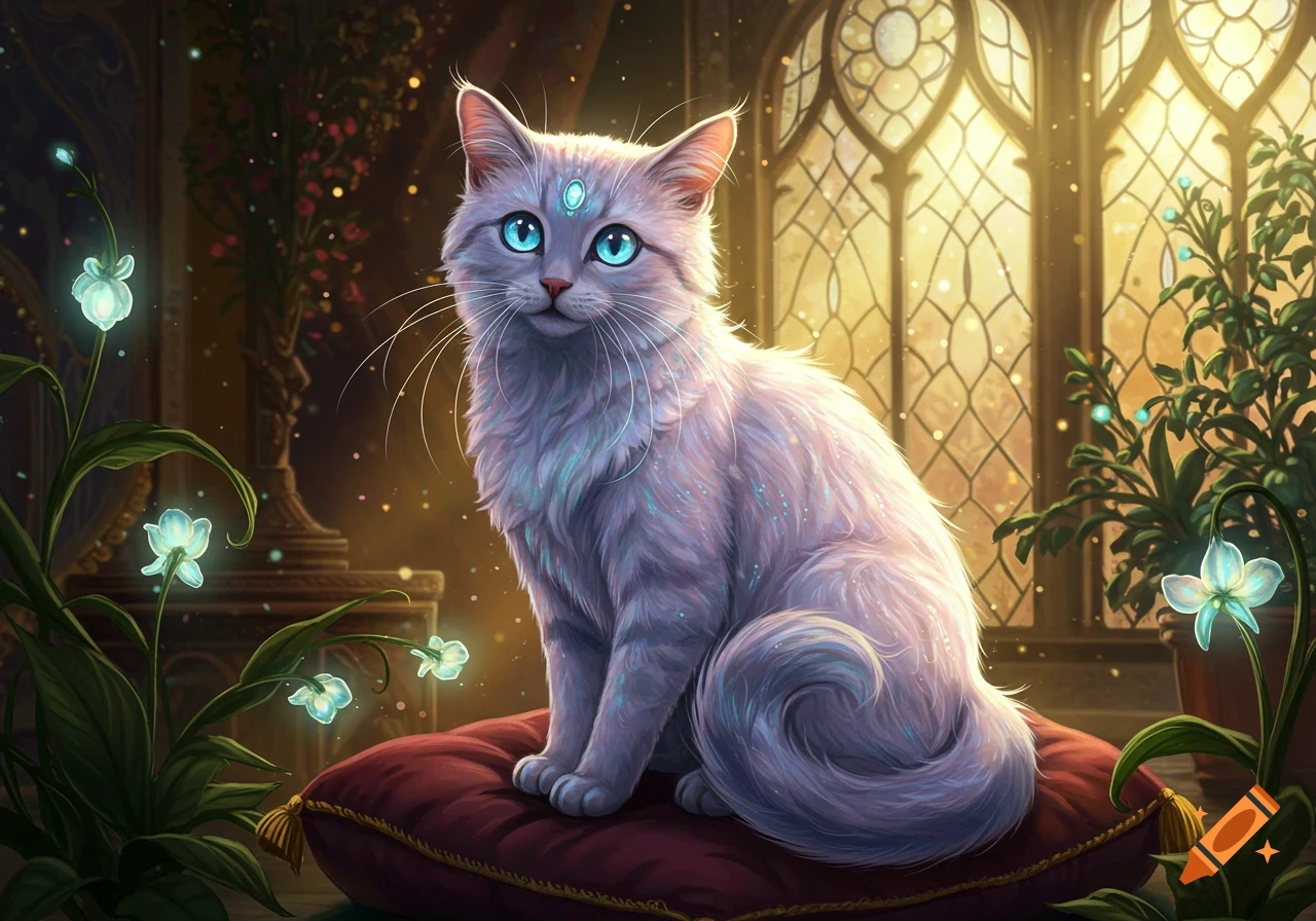 A fluffy white cat with bright blue eyes and a glowing blue third eye gem sits on a red pillow in a fantasy room with glowing plants and a ornate window.
