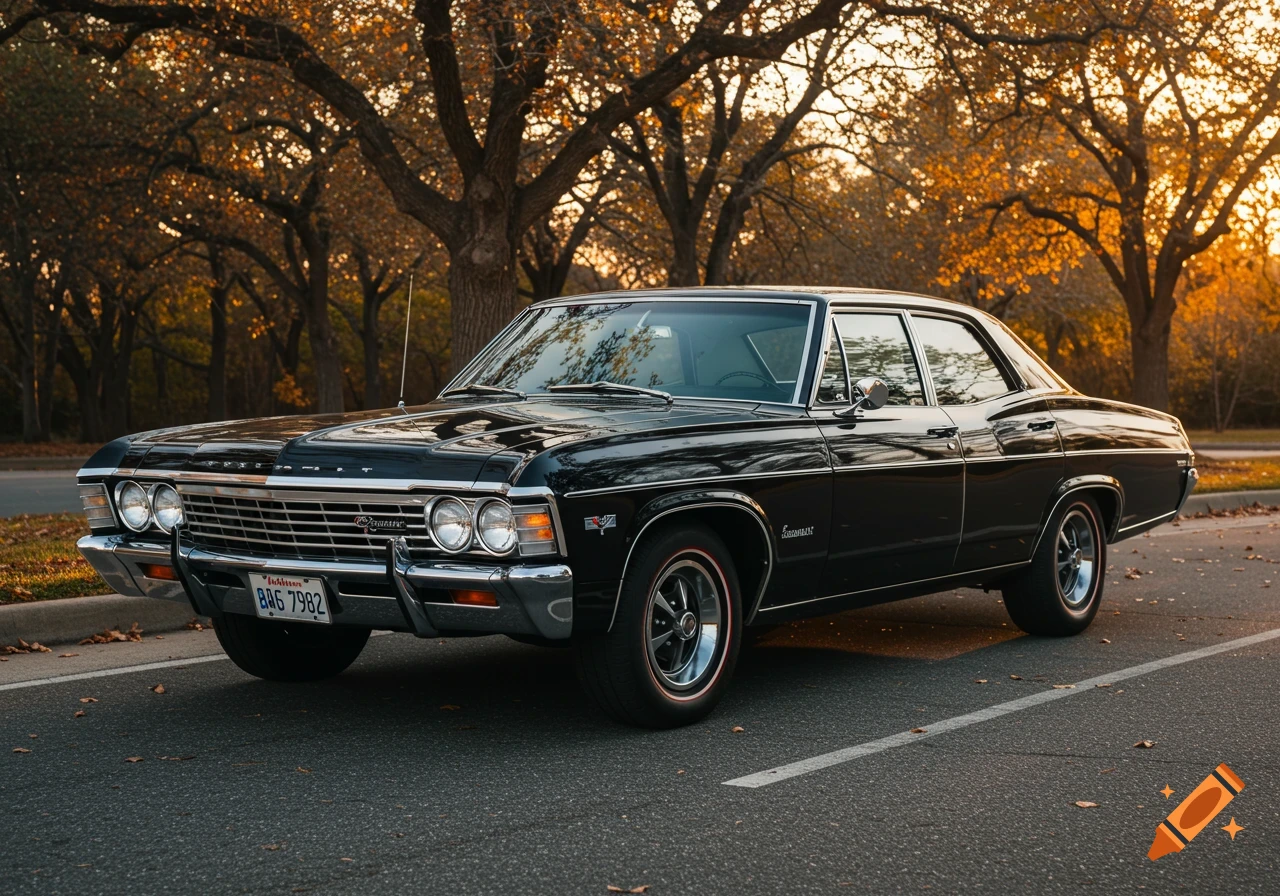 A photorealistic image of a black 1967 Chevrolet Impala 4-door sedan parked on asphalt with trees in autumn colors in the background.