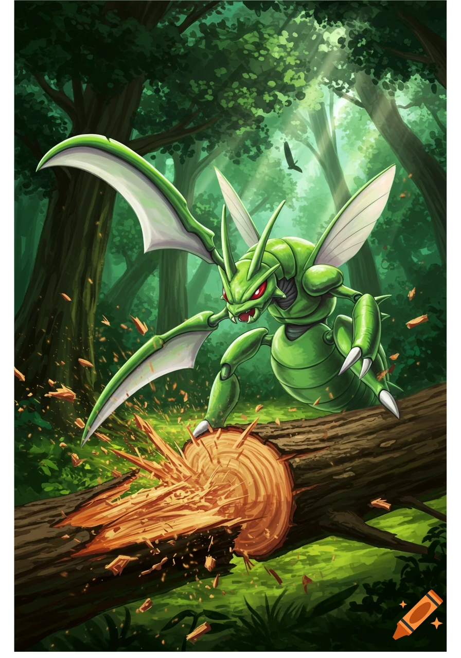 Scyther, a green mantis-like Pokemon, is cutting a tree trunk with its scythes in a lush forest.