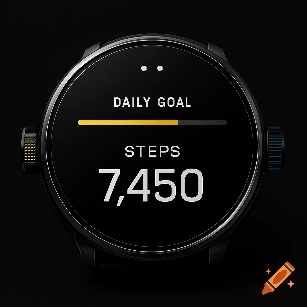 A close-up of a black digital smartwatch face displaying "DAILY GOAL" with a yellow progress bar and "STEPS 7,450" in white text. The watch has yellow and blue accented knobs.