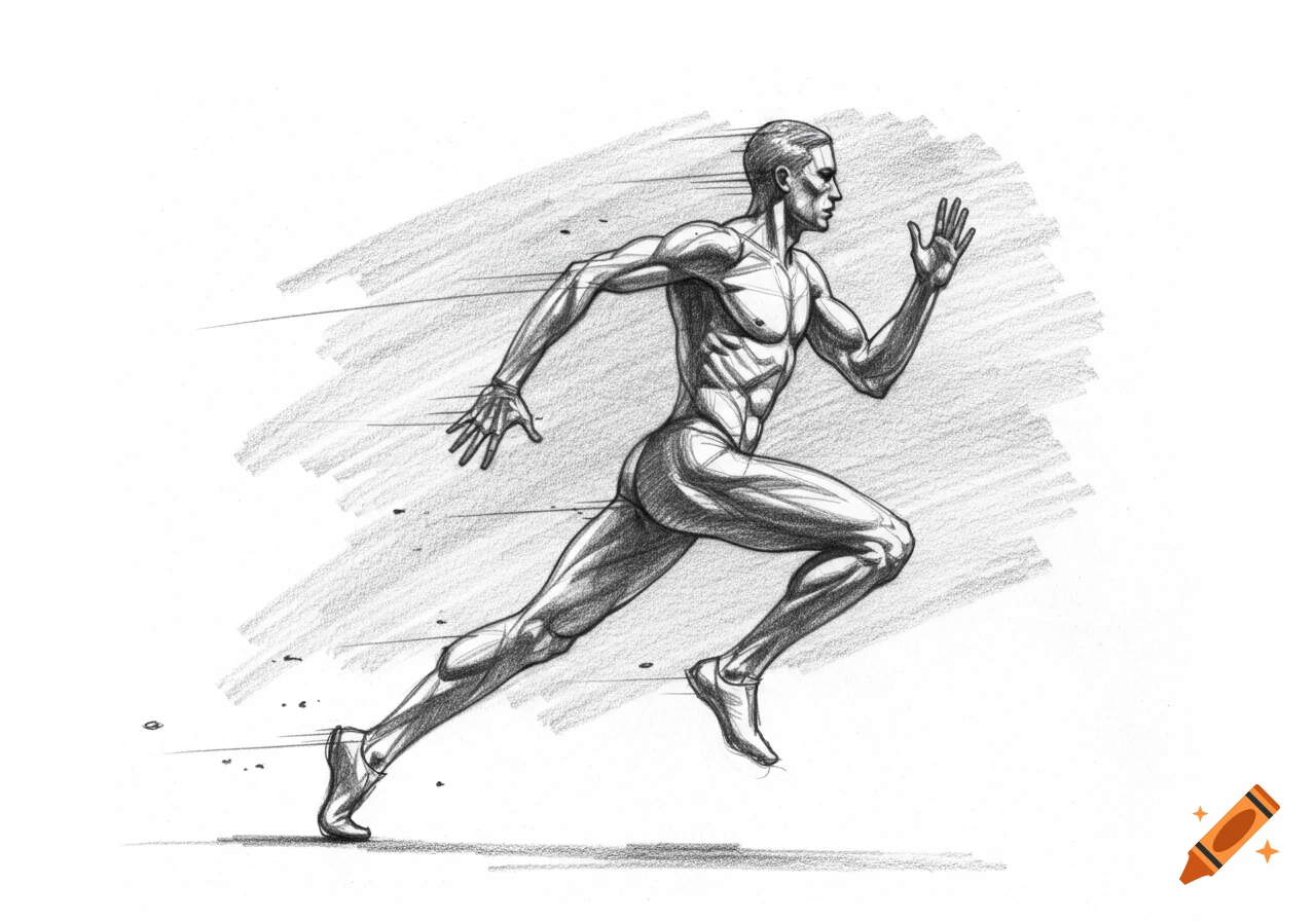 A detailed pencil sketch of a muscular man running in profile, with speed lines and dust effects.