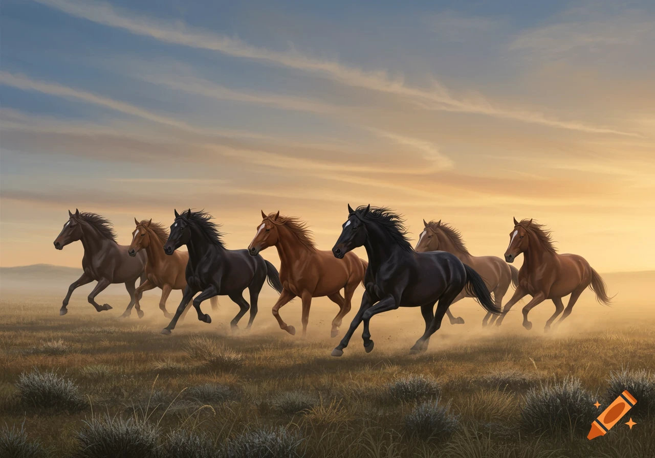 A herd of horses galloping through a dusty field at sunset.