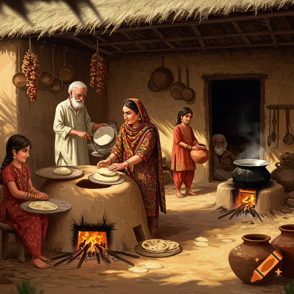 Pakistani family cooking flatbreads in a traditional village kitchen with a mud oven and hanging peppers, digital painting style.