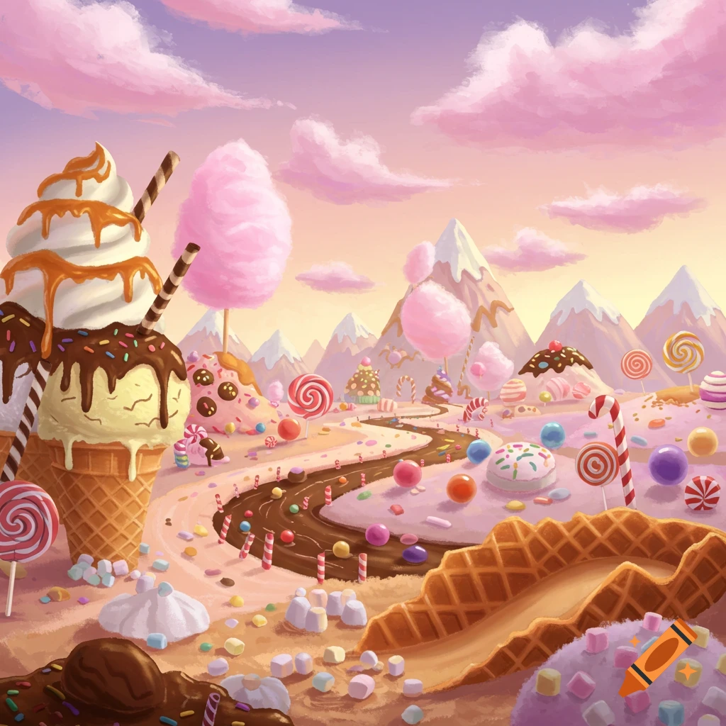 Whimsical candy land with ice cream cones, chocolate river, lollipops, candy mountains, and a pink sky.