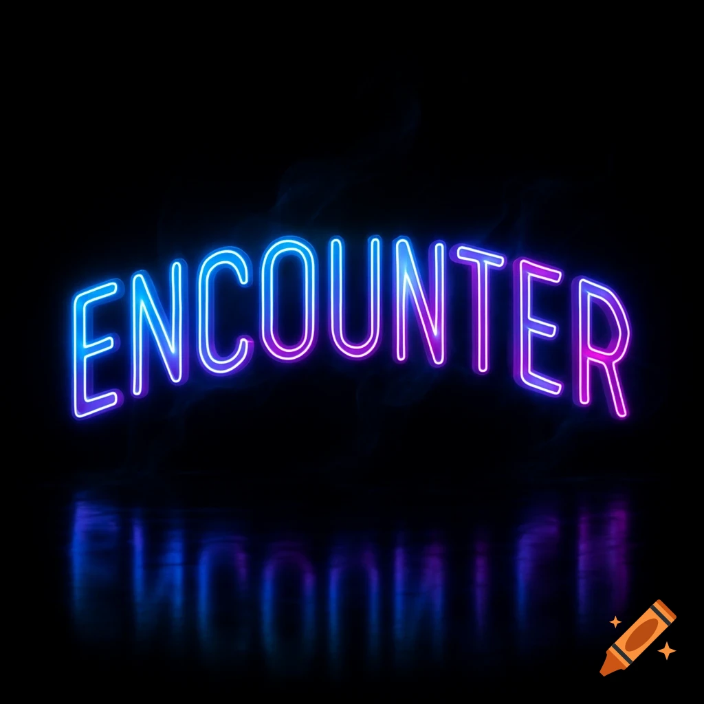 Neon sign spelling 'ENCOUNTER' in glowing blue and purple letters against a dark background, with a reflection below.
