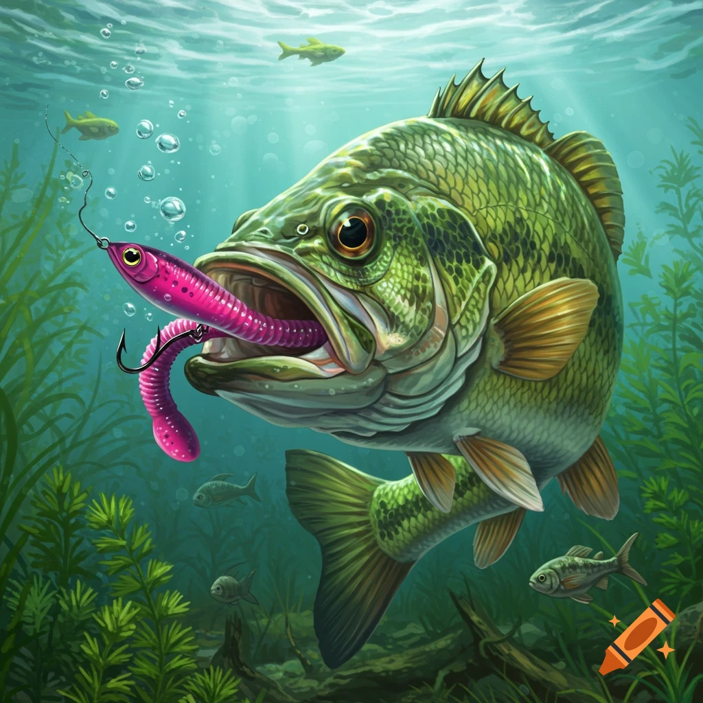 Green bass fish underwater with a pink fishing worm lure in its mouth, amidst aquatic plants.