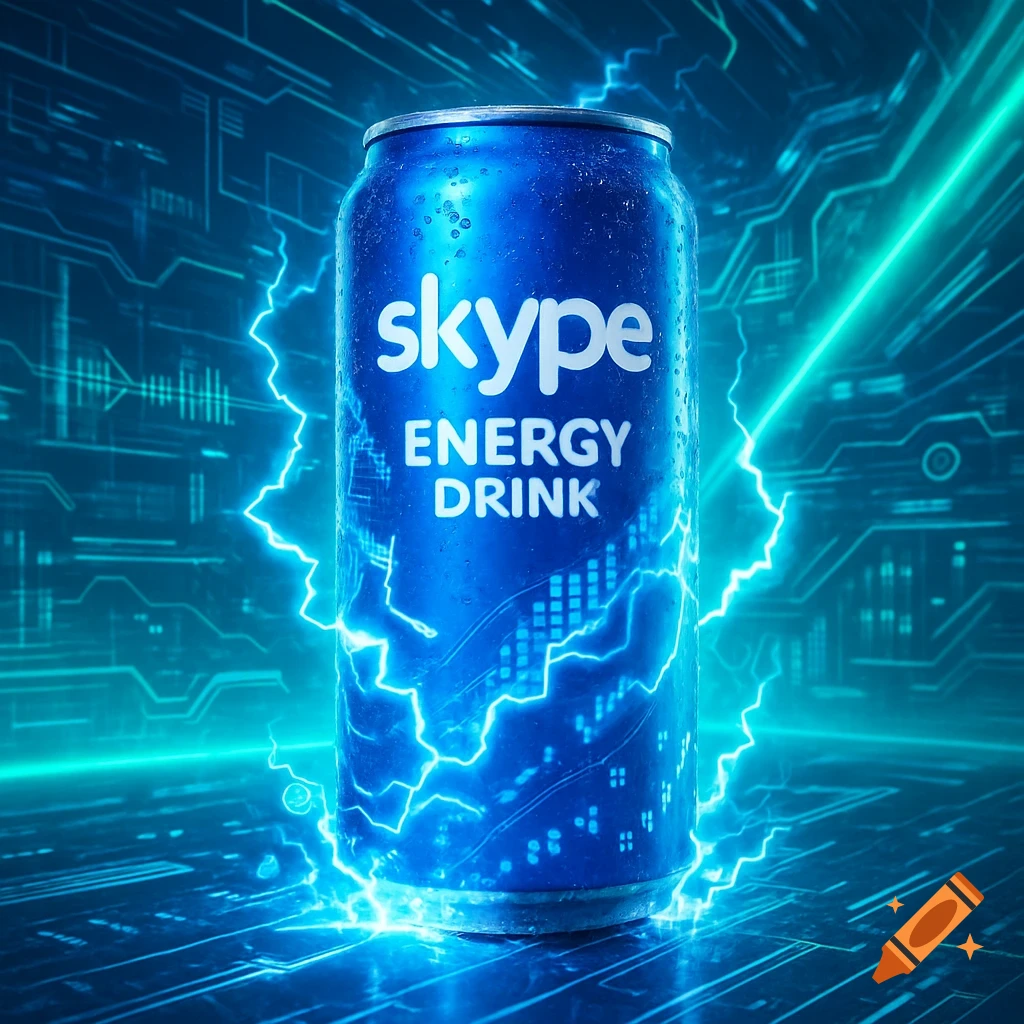 A blue Skype energy drink can surrounded by electric blue lightning on a dark, circuit board-like surface.