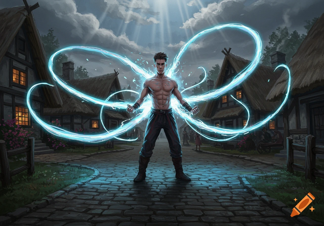 A muscular man stands in a village street, emitting bright blue energy waves from his body towards a cloudy sky.