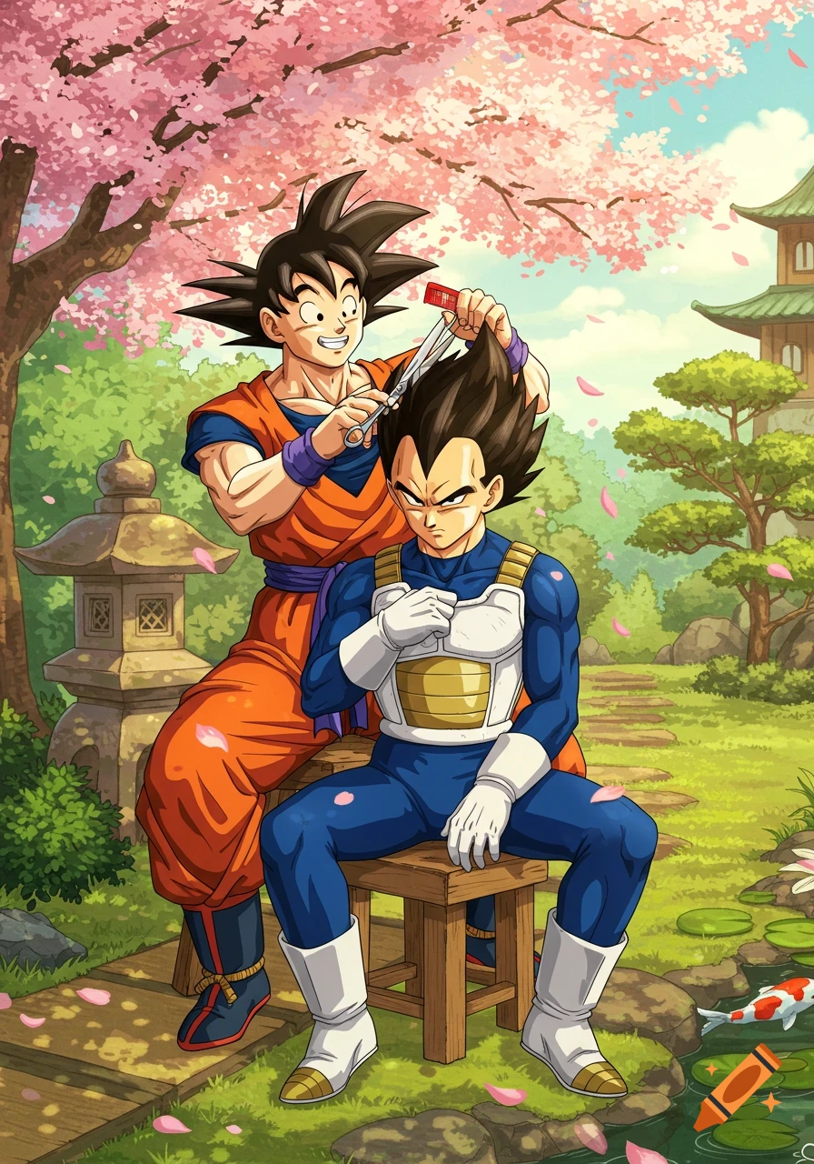 Goku trims Vegeta's spiky hair in a peaceful Japanese garden with pink cherry blossoms and a koi pond, anime style.