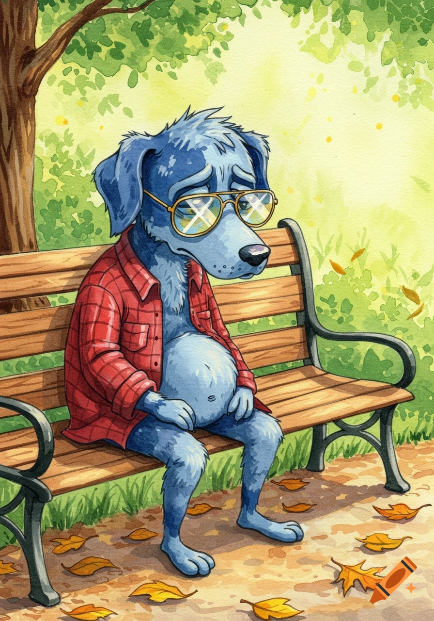 Sad, pregnant blue anthropomorphic dog in red plaid shirt and sunglasses sitting on a park bench with fall leaves, watercolor style.