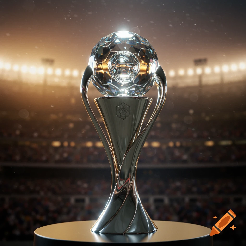 A dazzling crystal and silver soccer trophy stands on a dark pedestal in a stadium with bright lights.