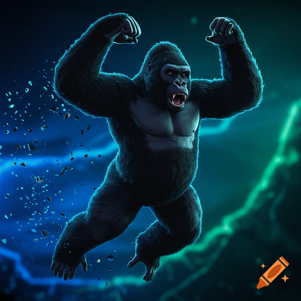 A powerful black gorilla roars and leaps with fists raised, set against a vibrant blue and green digital art background.