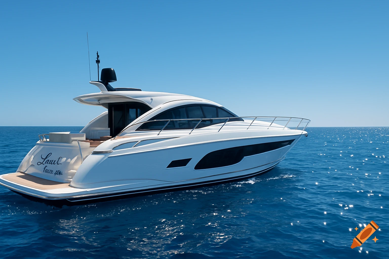 Photorealistic image of a white luxury yacht sailing on a sparkling blue ocean under a clear sky.