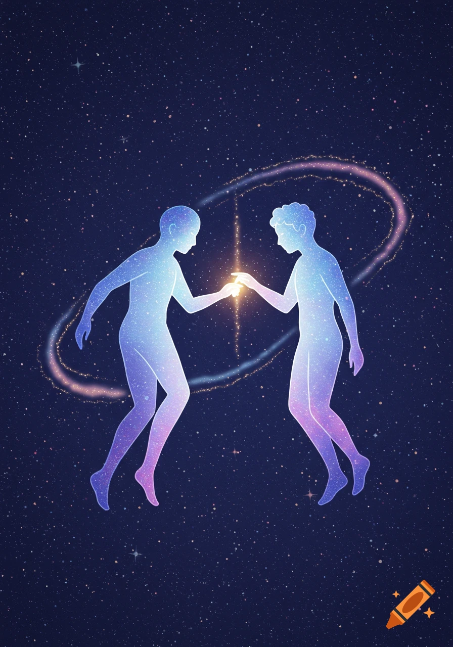 Two ethereal, stardust human silhouettes touch hands in a starry night sky, connected by a glowing light trail.