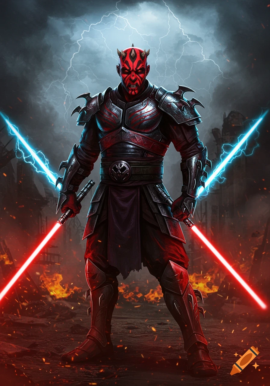 A character resembling Darth Maul in spiked black and red armor with red skin and horns, holding a red lightsaber and a blue lightsaber, standing in a fiery, lightning-filled landscape.