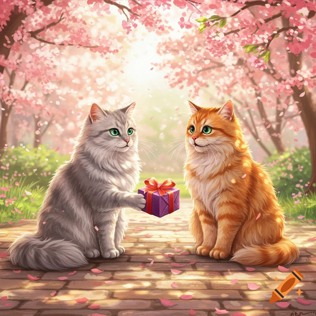 A fluffy gray cat hands a purple gift box to a fluffy orange cat under blossoming pink cherry trees.