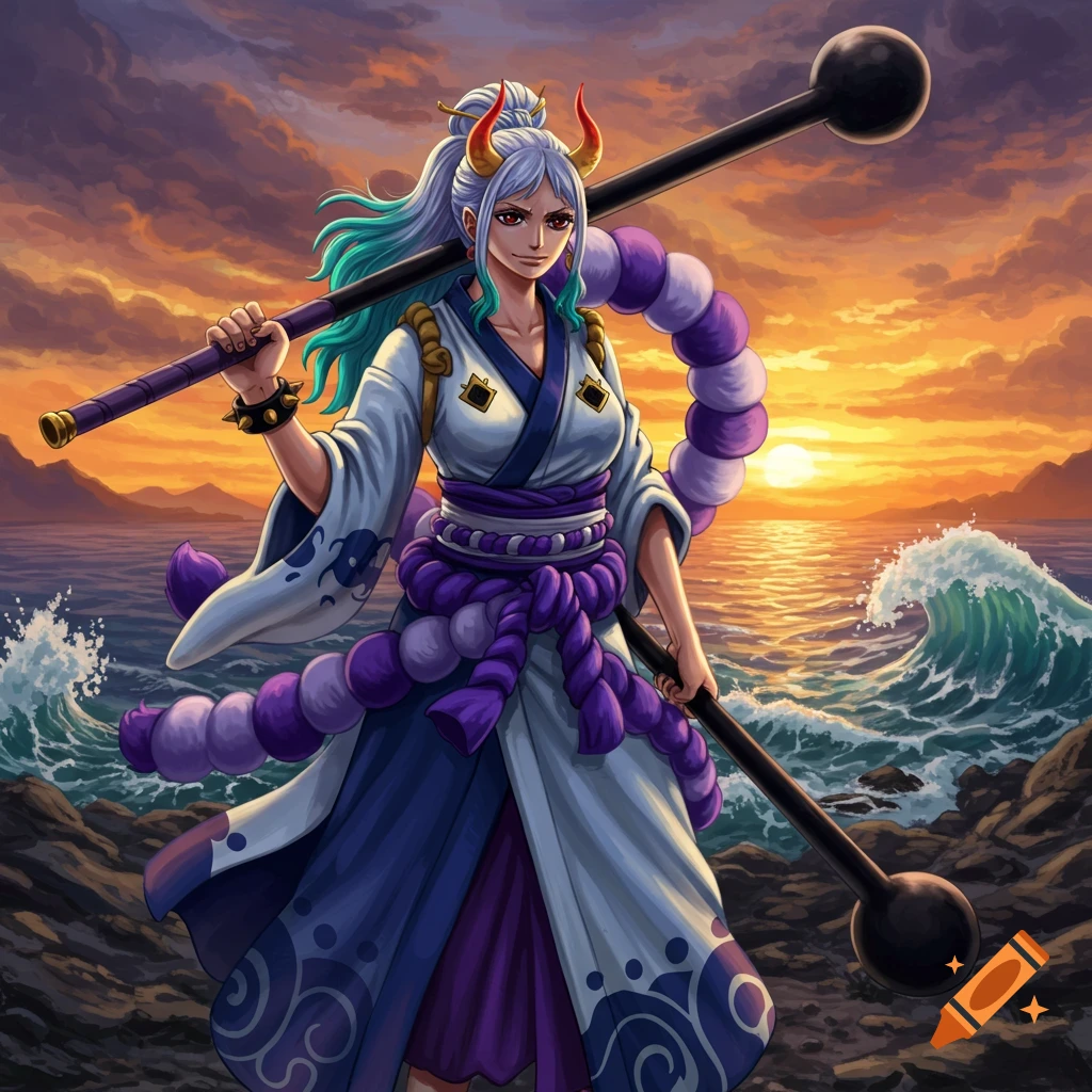 Anime character Yamato with white and teal hair, red horns, in a white and purple kimono, holding a club on a rocky beach at sunset.