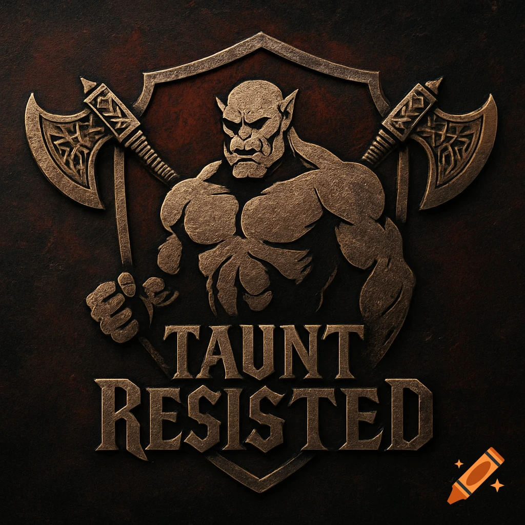 Bronze-colored fantasy logo of an angry, muscular orc holding two axes behind a shield, with 'TAUNT RESISTED' text.