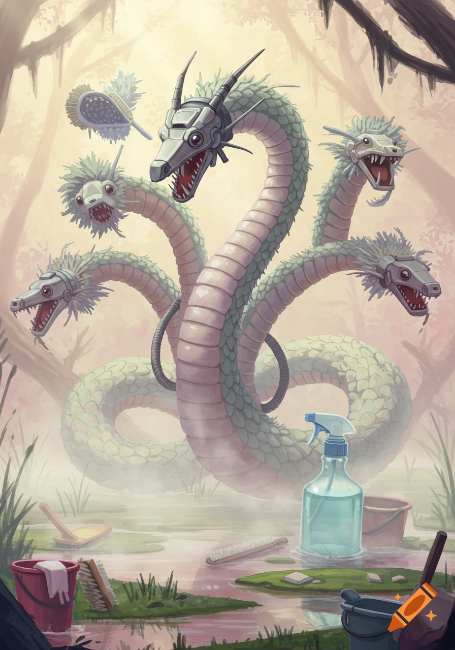 A whimsical illustration of a green hydra with cleaning supply heads emerging from a misty swamp, surrounded by cleaning tools.
