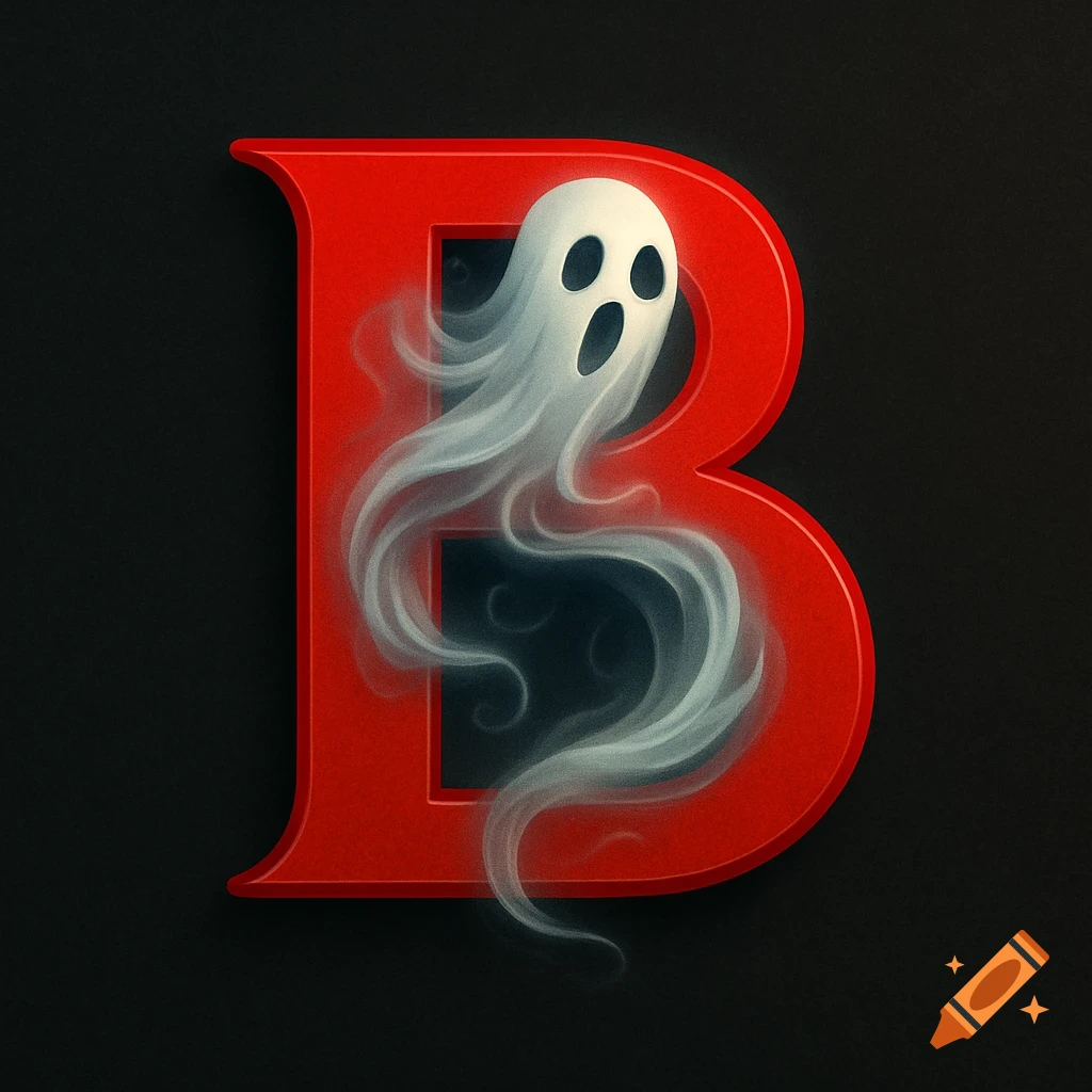 A bold red letter B with a translucent white ghost with black eyes and mouth floating within its empty spaces.