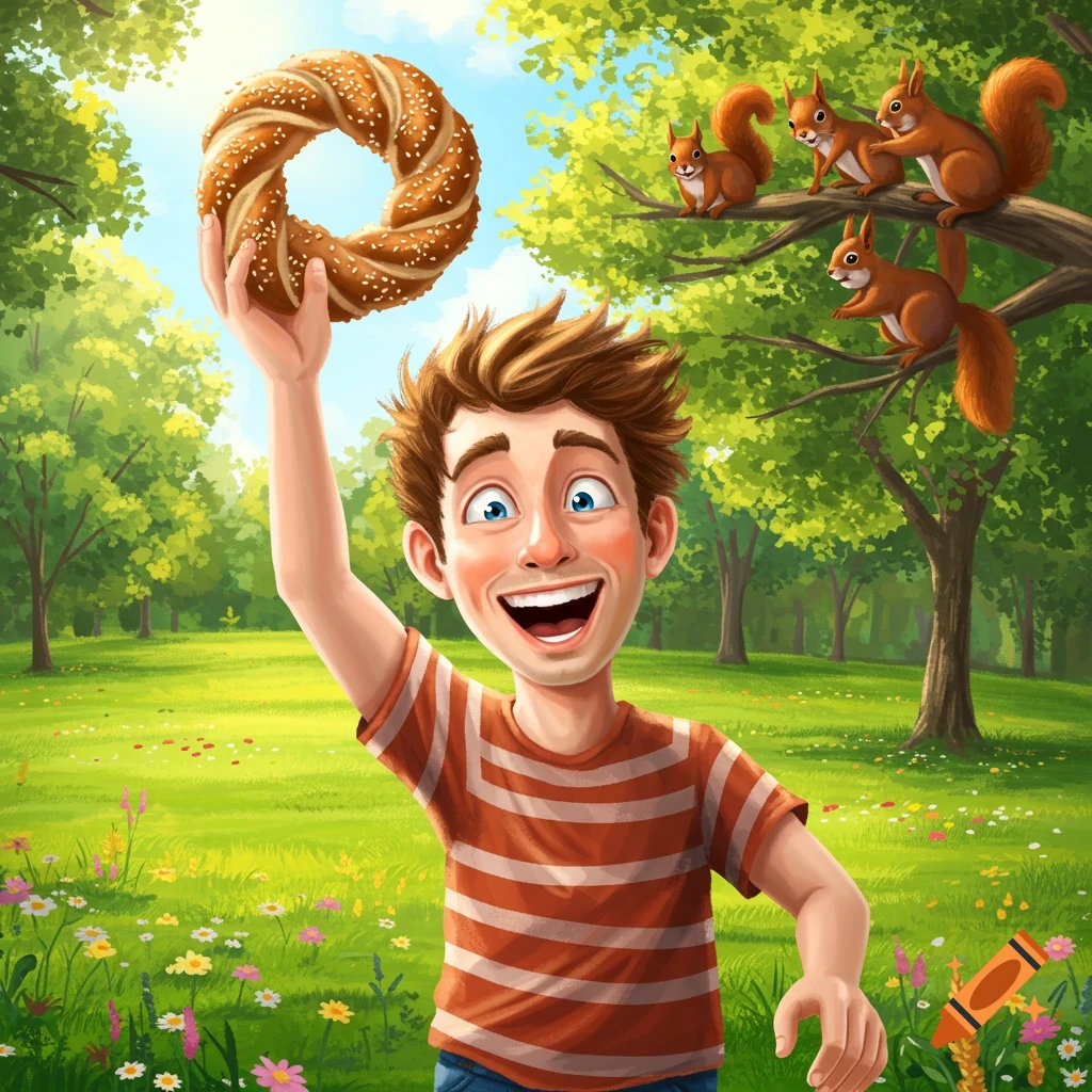 Cartoon boy holding a bagel high in a park with squirrels in a tree.