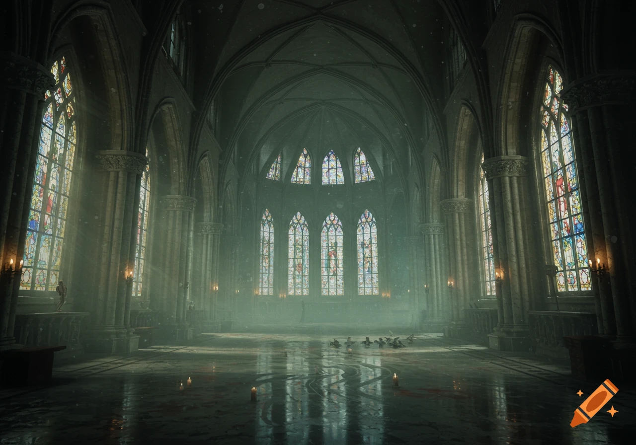 Dark, moody interior of a gothic cathedral with towering vaulted ceilings, stained glass windows, and light beams illuminating a somber hall.