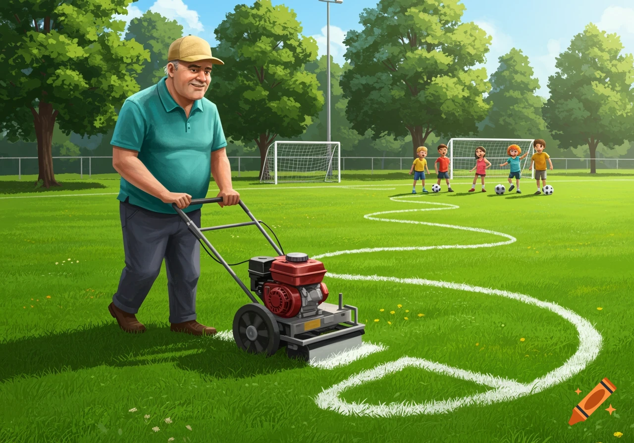 An older man operates a line marker, drawing a winding white line on a green soccer field with children playing in the background. Illustrated style.