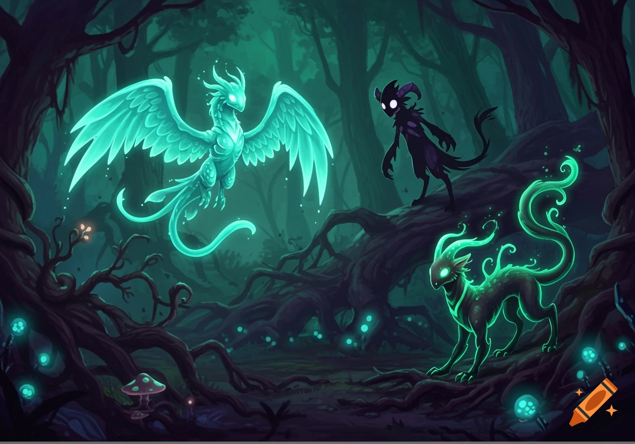 A vibrant fantasy illustration depicts a glowing teal dragon-like creature flying above a dark, gnarled forest with luminous mushrooms and glowing flora. A dark imp-like creature stands on a root, while another glowing green quadruped creature walks nearby.