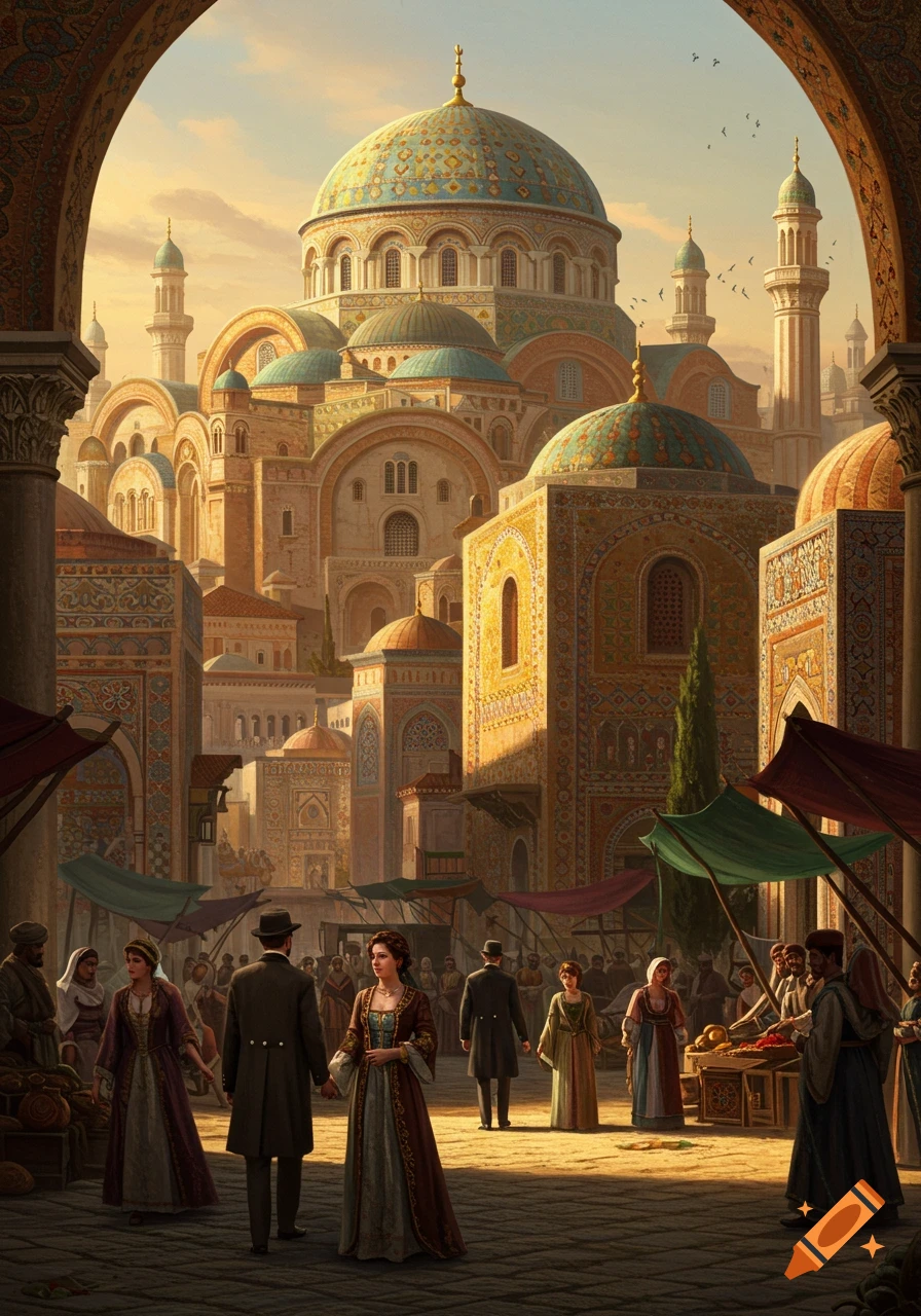 A bustling market square filled with people in historical clothing, framed by ornate Neo-Byzantine architecture under a warm sky.
