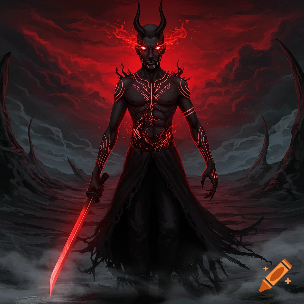 A dark, horned demon with glowing red eyes and patterns holds a radiant red sword in a desolate, smoky landscape, digital art.