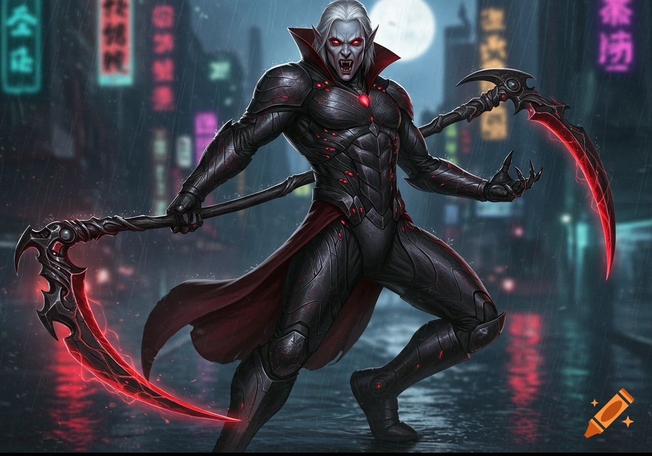 A vampire in black futuristic armor with glowing red eyes and two red-bladed scythes stands in a rainy cyberpunk city street.