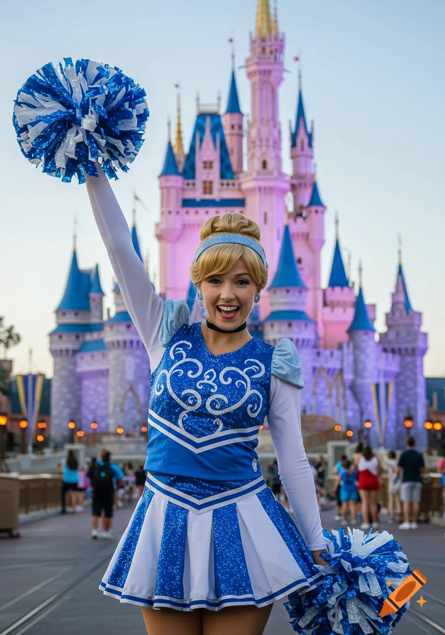 A woman dressed as Cinderella in a blue and white cheerleader outfit holds blue and white pom-poms in front of Cinderella's Castle at Disney World.