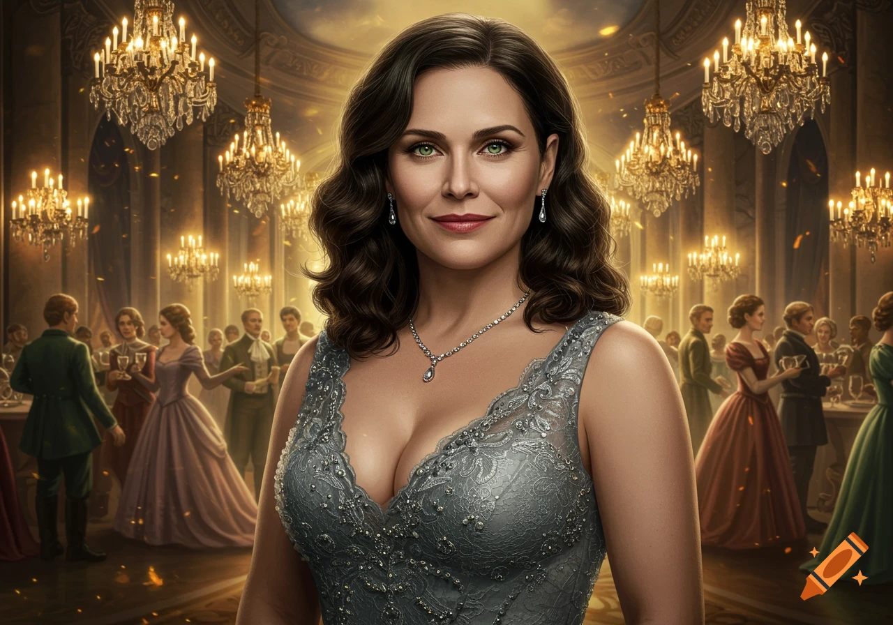 A woman in a grey, beaded, low-cut ball gown with dark hair and green eyes at a fancy gala with chandeliers and other attendees.
