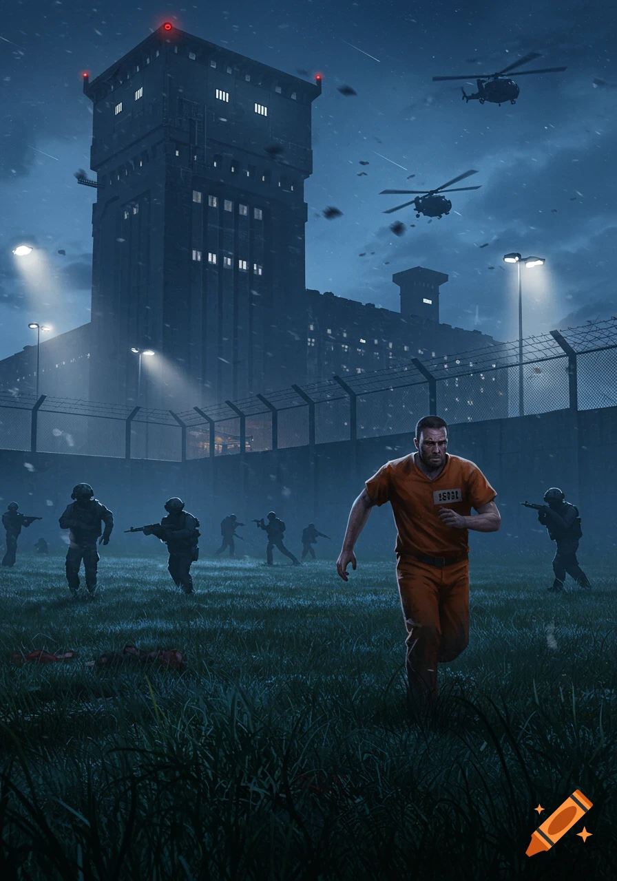 A man in an orange jumpsuit escapes a prison at night, running across a grassy field as armed soldiers and helicopters pursue him.